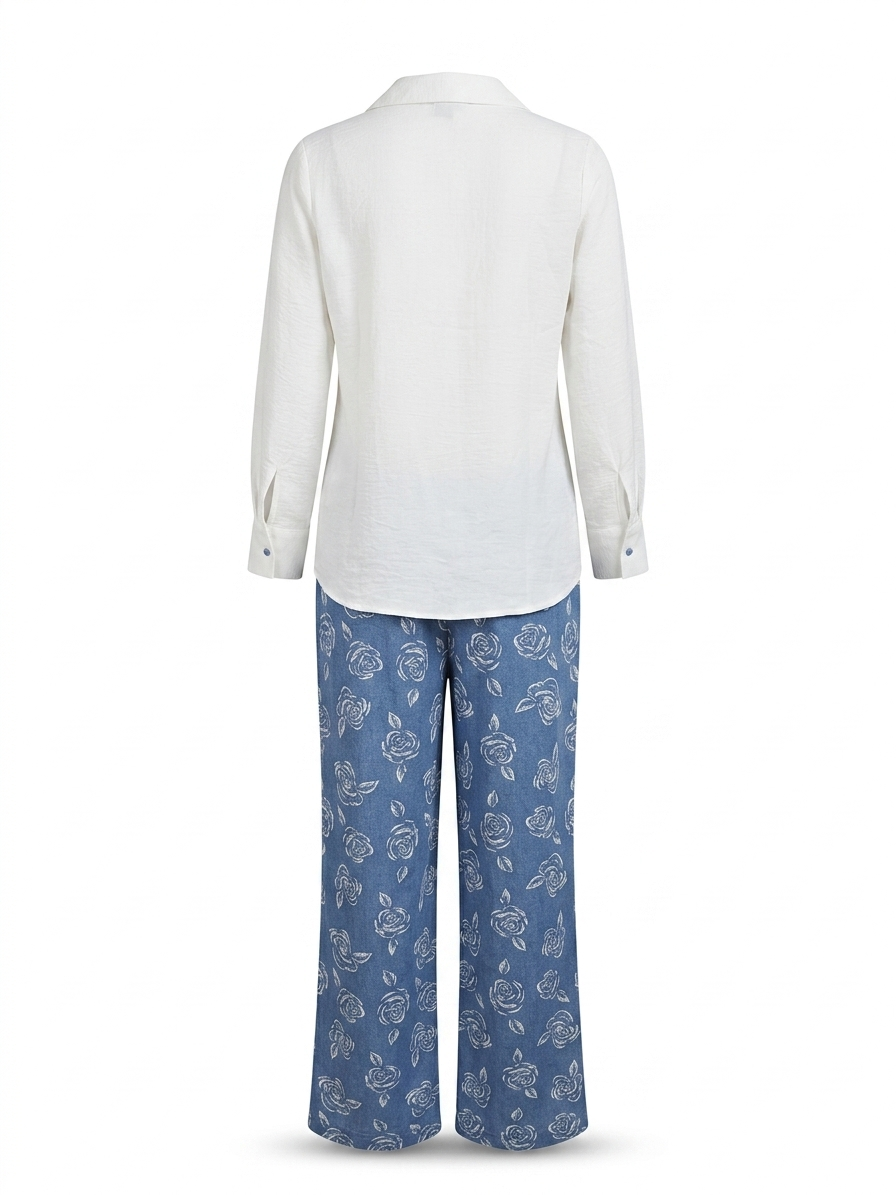 Women's White and Blue Floral Printed Shirt and Wide-Leg Trouser Co-Ord Set - Image 3