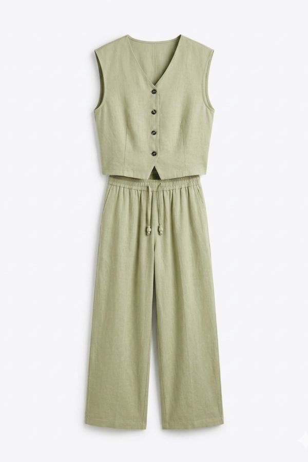 Women's Sage Green Sleeveless V-Neck Vest and Trouser Co-Ord Set