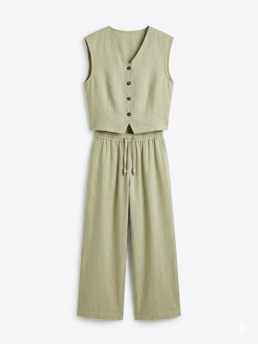 Women's Sage Green Sleeveless V-Neck Vest and Trouser Co-Ord Set