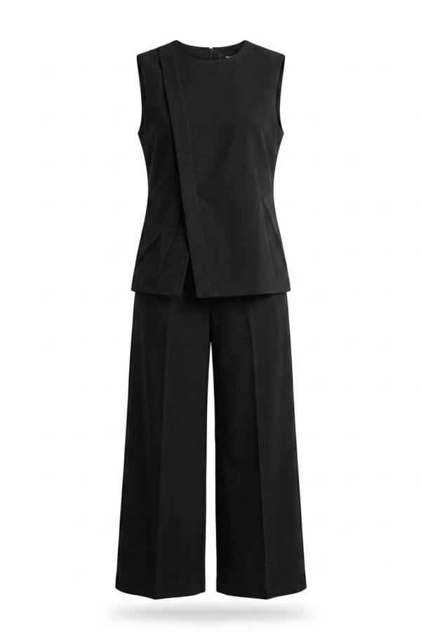 Women's Black Asymmetric Sleeveless Top and Wide-Leg Trouser Co-Ord Set