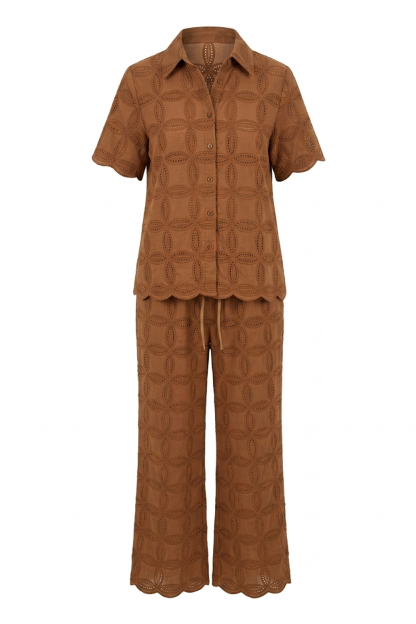 Women's Brown Eyelet Embroidered Shirt and Wide-Leg Trouser Co-Ord Set