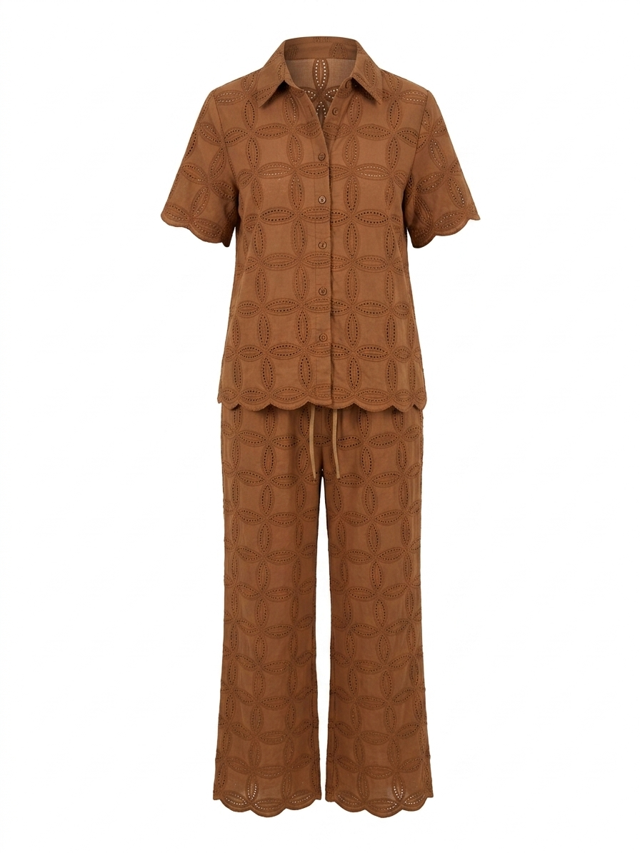Women's Brown Eyelet Embroidered Shirt and Wide-Leg Trouser Co-Ord Set
