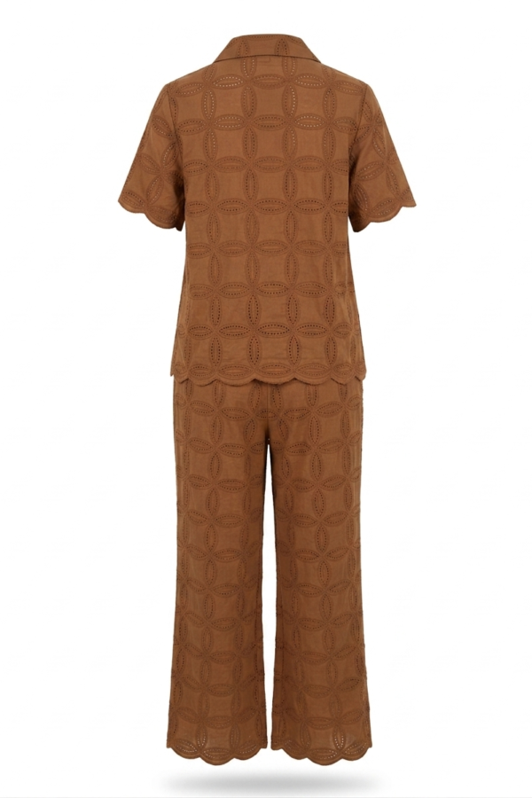 Women's Brown Eyelet Embroidered Shirt and Wide-Leg Trouser Co-Ord Set