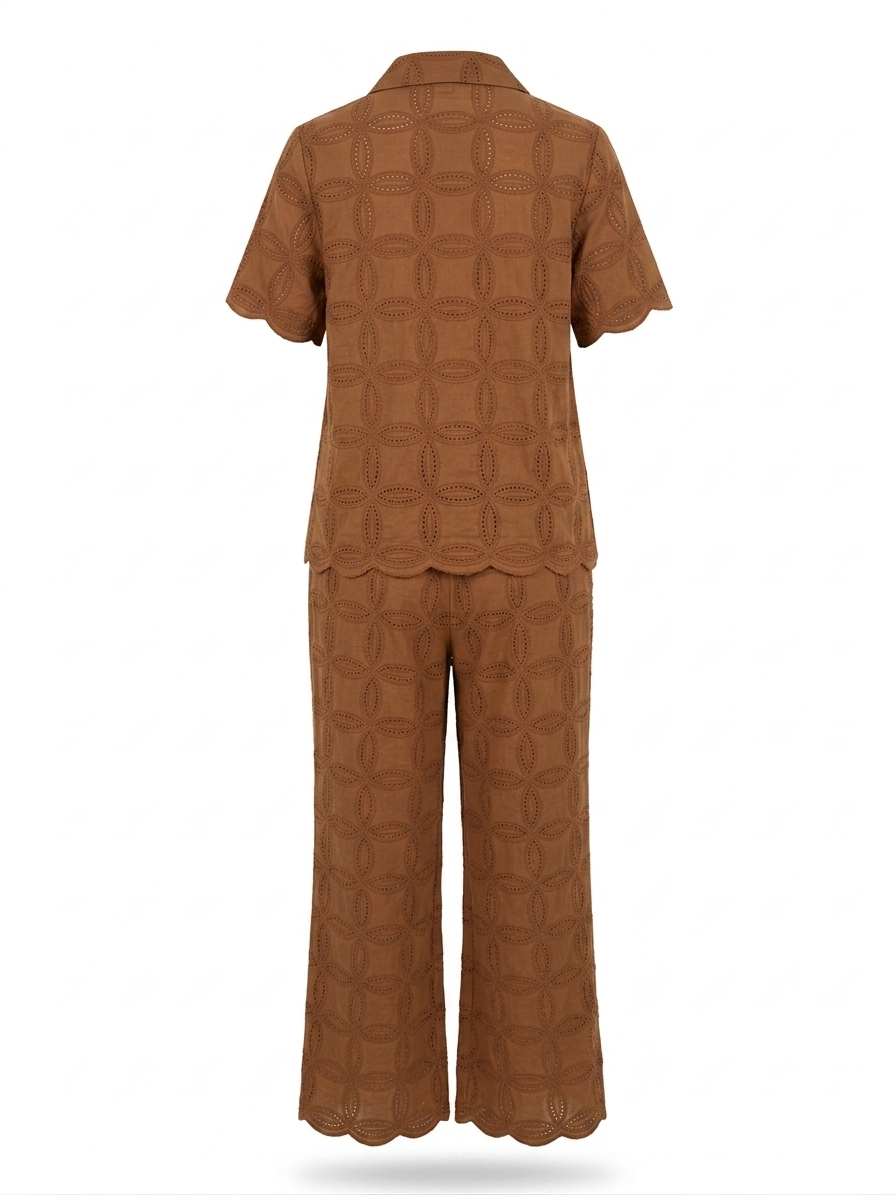 Women's Brown Eyelet Embroidered Shirt and Wide-Leg Trouser Co-Ord Set - Image 2