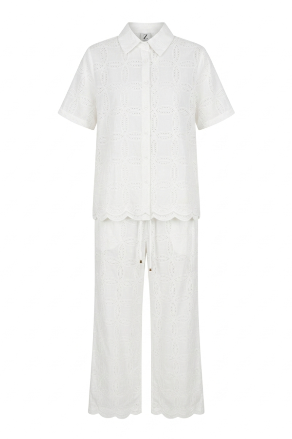 Women's White Eyelet Embroidered Shirt and Wide-Leg Trouser Co-Ord Set