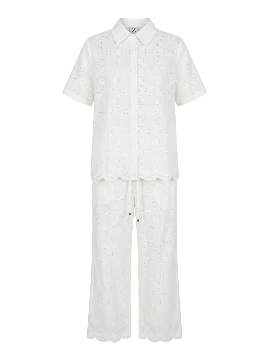 Women's White Eyelet Embroidered Shirt and Wide-Leg Trouser Co-Ord Set
