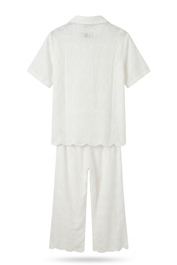 Women's White Eyelet Embroidered Shirt and Wide-Leg Trouser Co-Ord Set