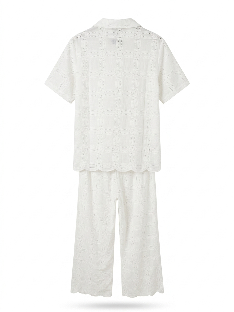 Women's White Eyelet Embroidered Shirt and Wide-Leg Trouser Co-Ord Set - Image 2