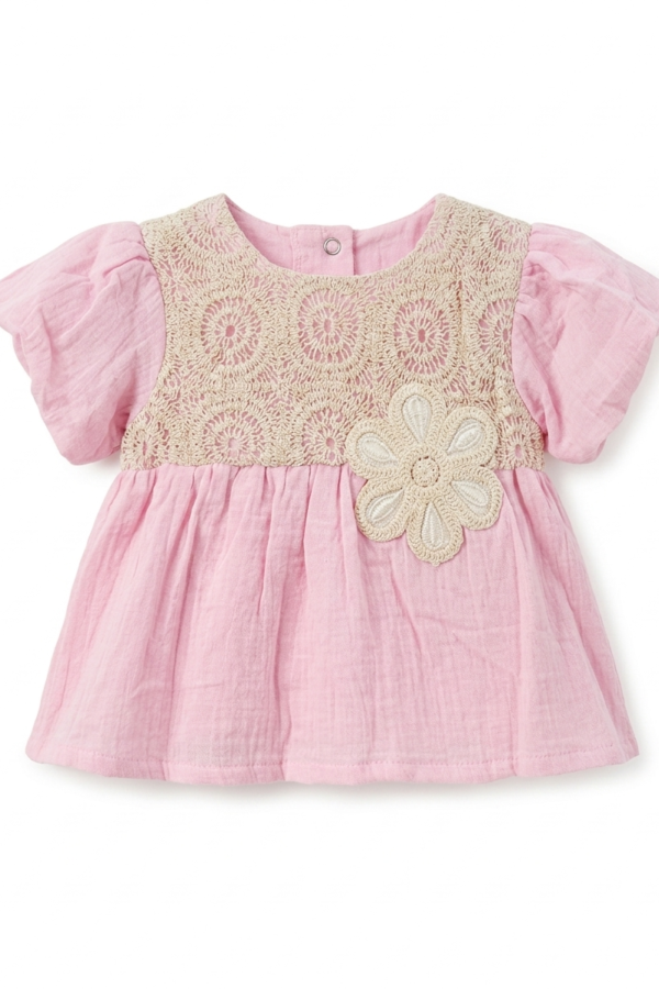 Baby Girl Pink Cotton Top with Crochet Floral Detail