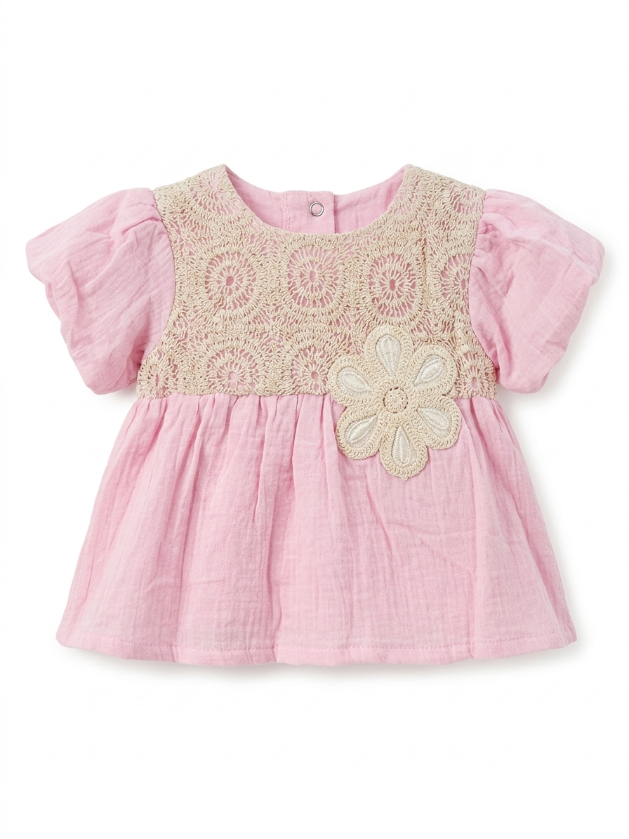 Baby Girl Pink Cotton Top with Crochet Floral Detail - Image 2