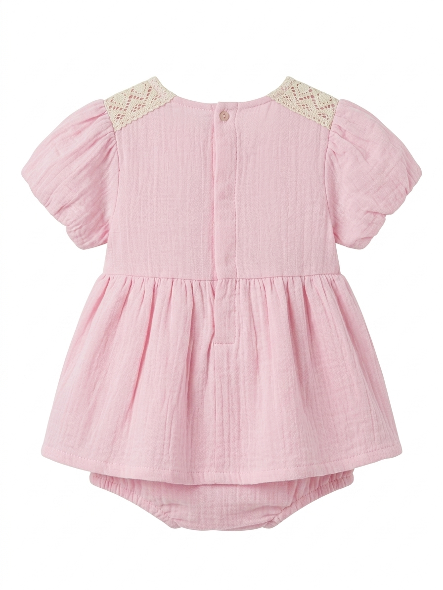 Baby Girl Pink Cotton Top with Crochet Floral Detail - Image 3