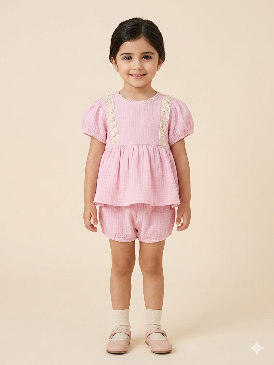 Baby Girl Pink Cotton Top with Crochet Floral Detail - Image 4