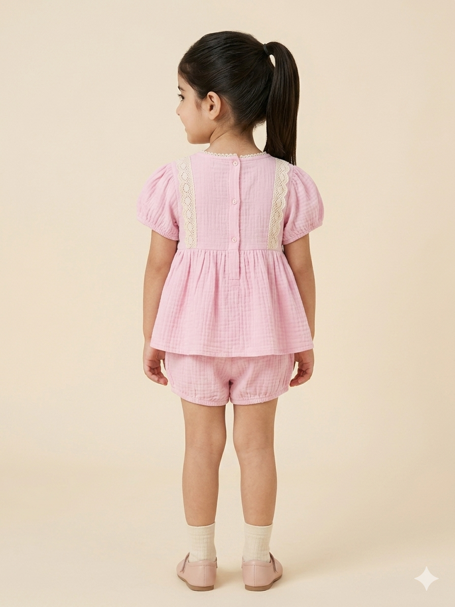 Baby Girl Pink Cotton Top with Crochet Floral Detail - Image 5