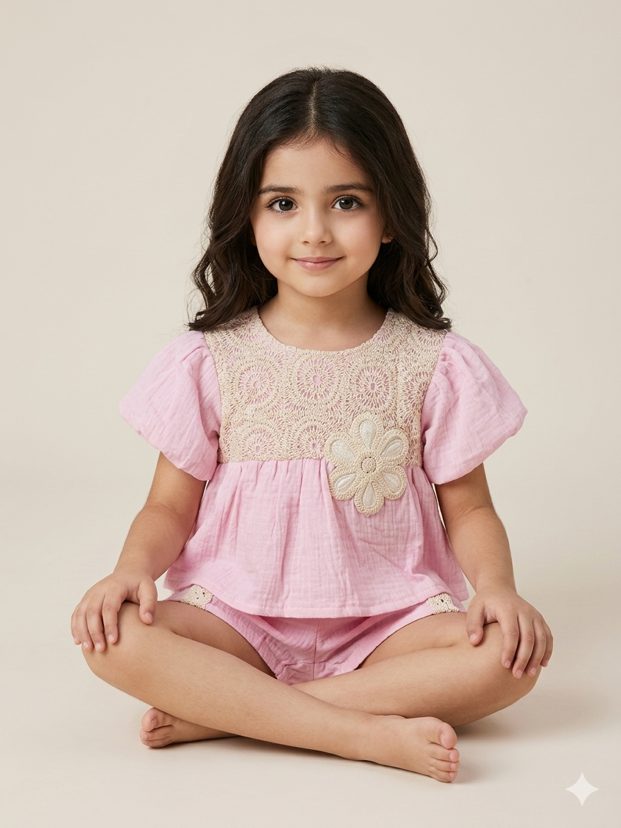 Baby Girl Pink Cotton Top with Crochet Floral Detail