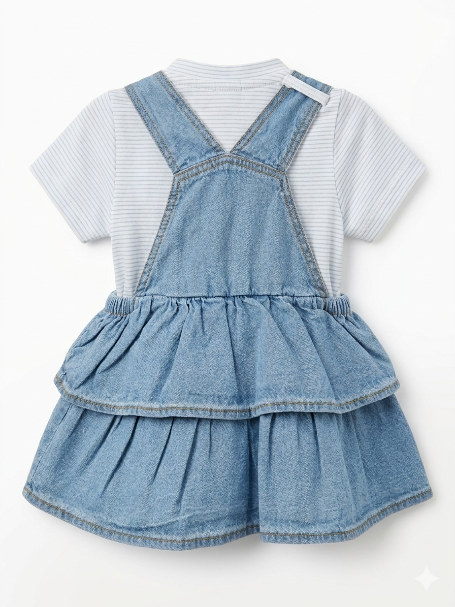 Girls' Blue Denim Dungaree Dress with Elephant Applique and Striped Tee - Image 2