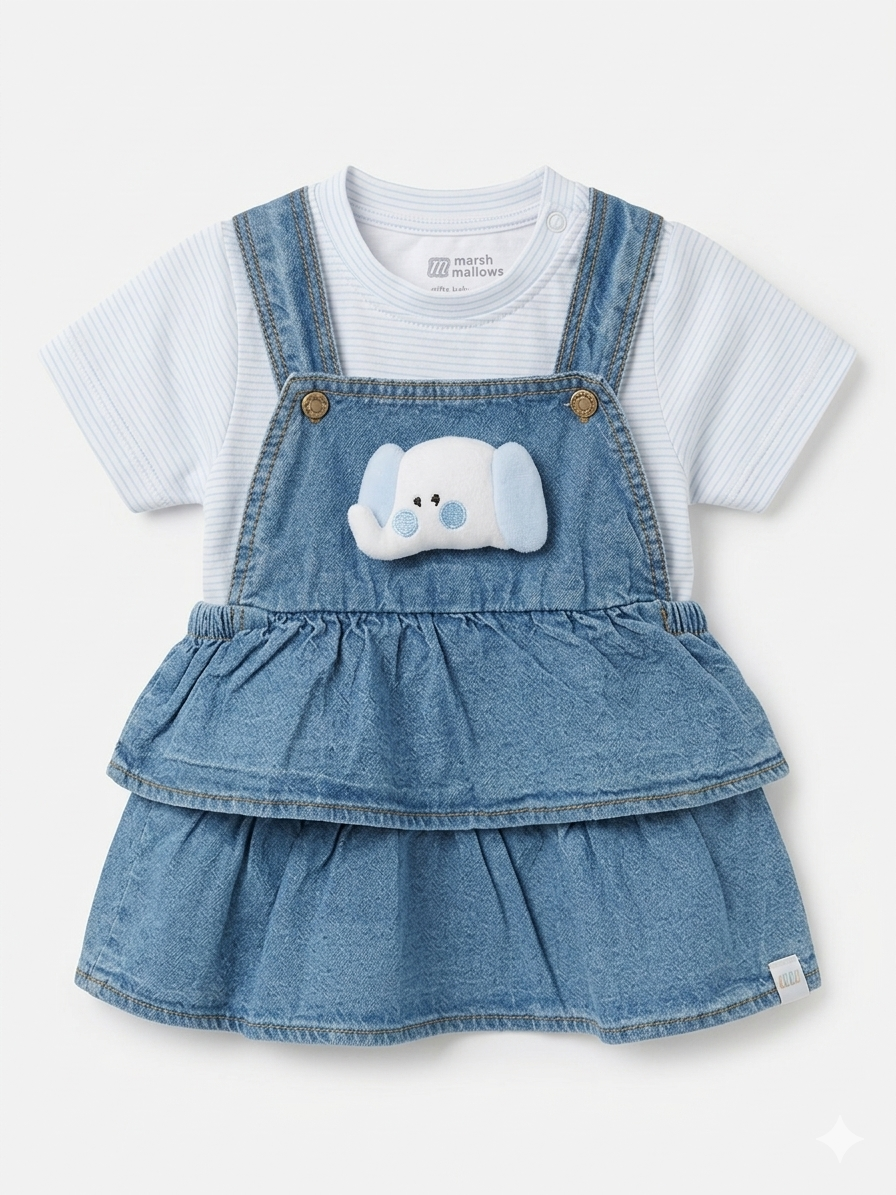 Girls' Blue Denim Dungaree Dress with Elephant Applique and Striped Tee - Image 3