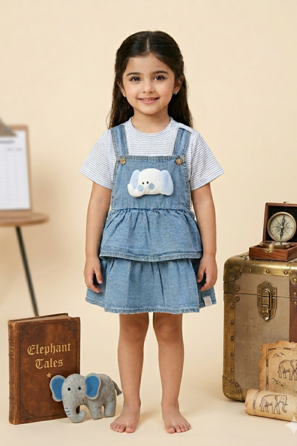 Girls' Blue Denim Dungaree Dress with Elephant Applique and Striped Tee