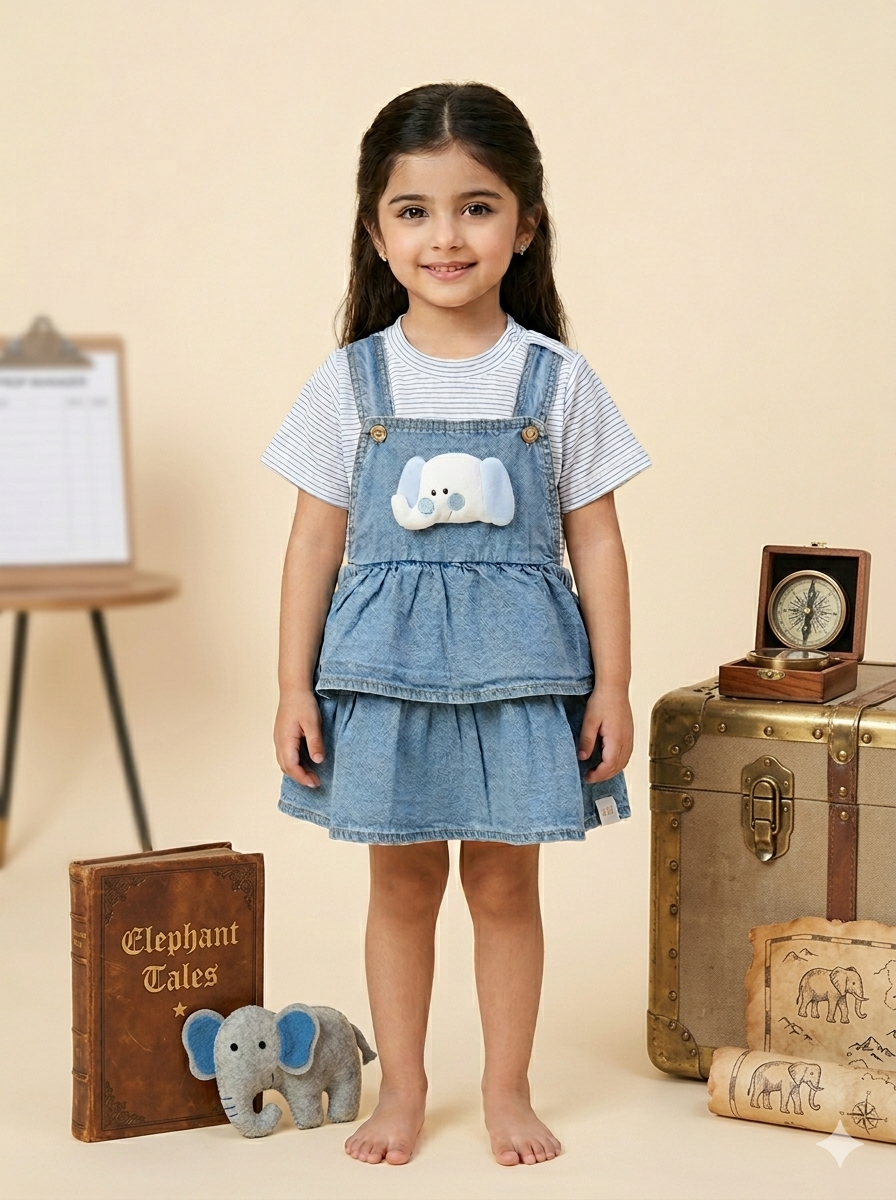 Girls' Blue Denim Dungaree Dress with Elephant Applique and Striped Tee