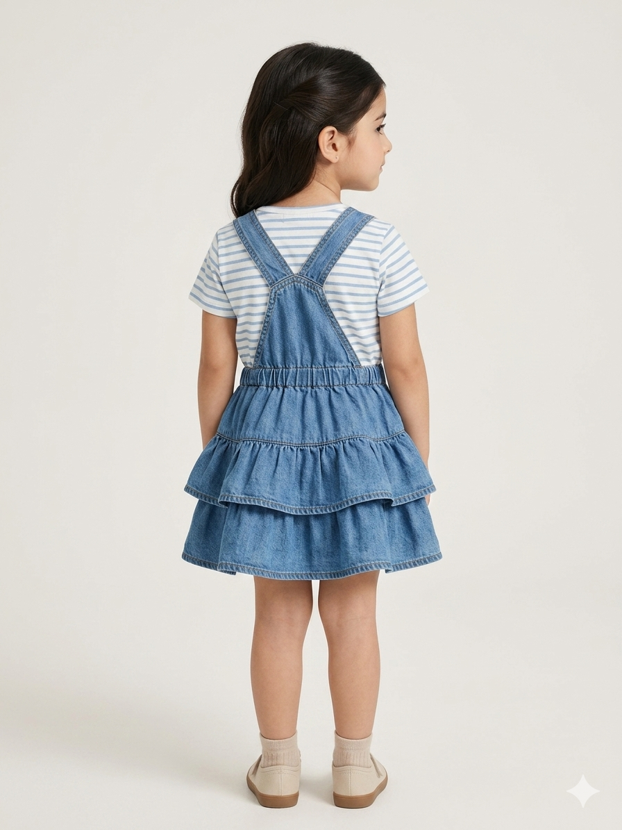 Girls' Blue Denim Dungaree Dress with Elephant Applique and Striped Tee - Image 4
