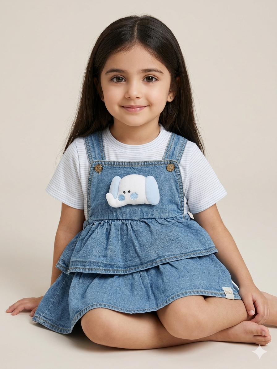 Girls' Blue Denim Dungaree Dress with Elephant Applique and Striped Tee - Image 5