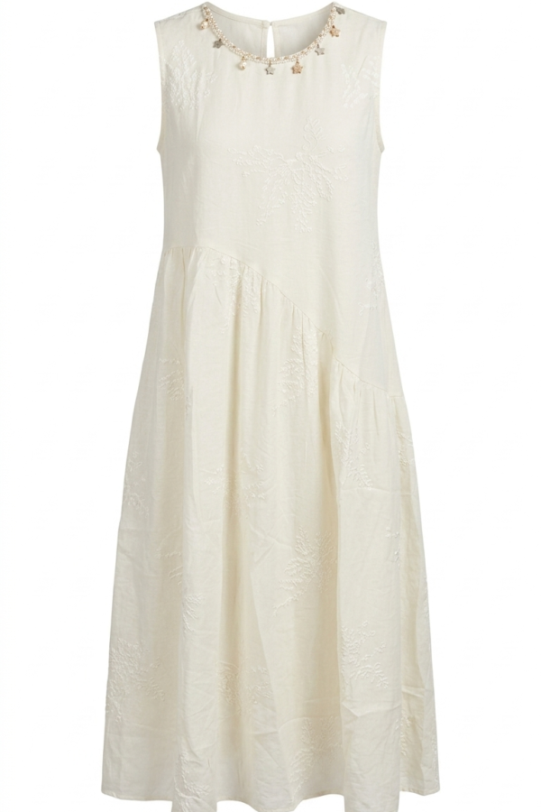 Women's Off-White Embroidered A-Line Midi Dress with Star & Pearl Detailing