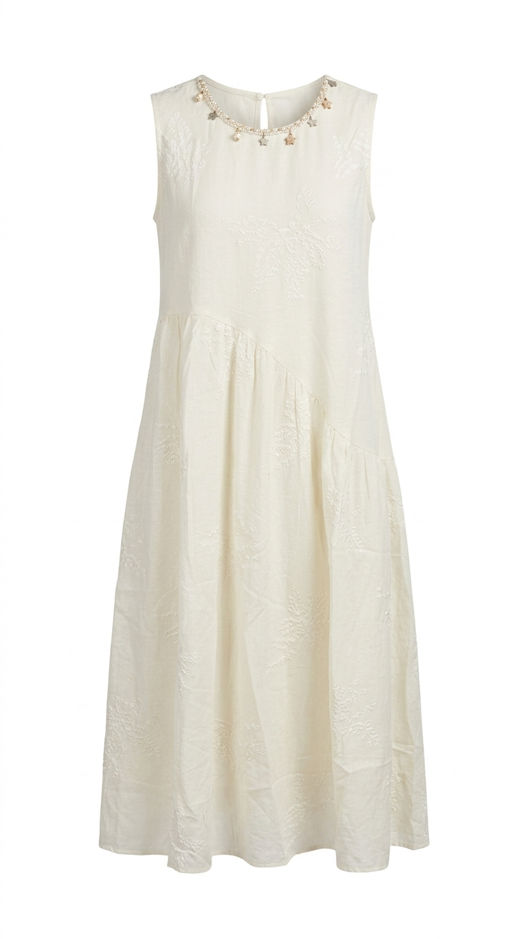 Women's Off-White Embroidered A-Line Midi Dress with Star & Pearl Detailing