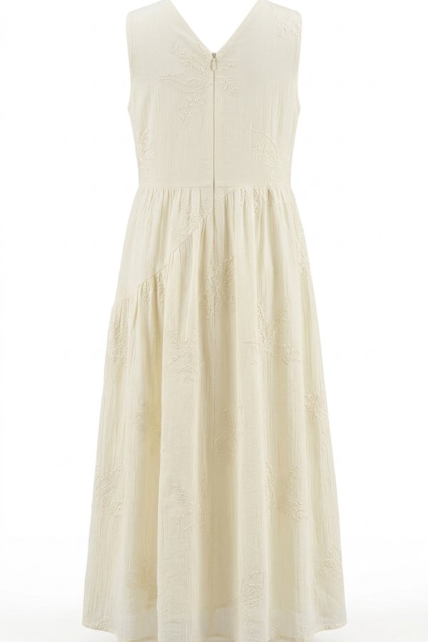 Women's Off-White Embroidered A-Line Midi Dress with Star & Pearl Detailing