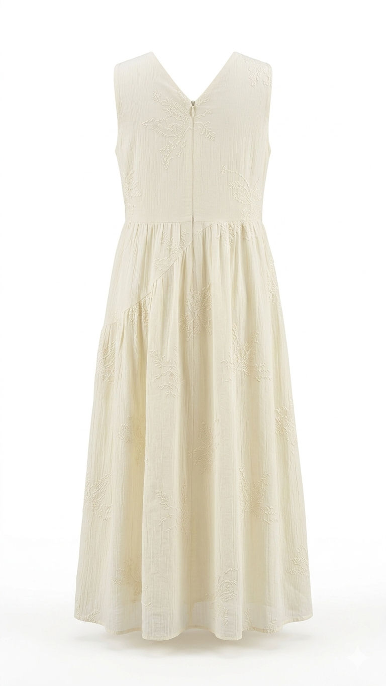 Women's Off-White Embroidered A-Line Midi Dress with Star & Pearl Detailing - Image 2