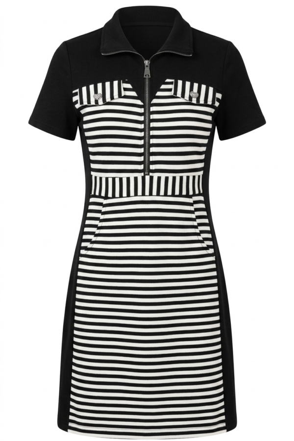 Women's Black and White Striped Zip-Front Polo Dress