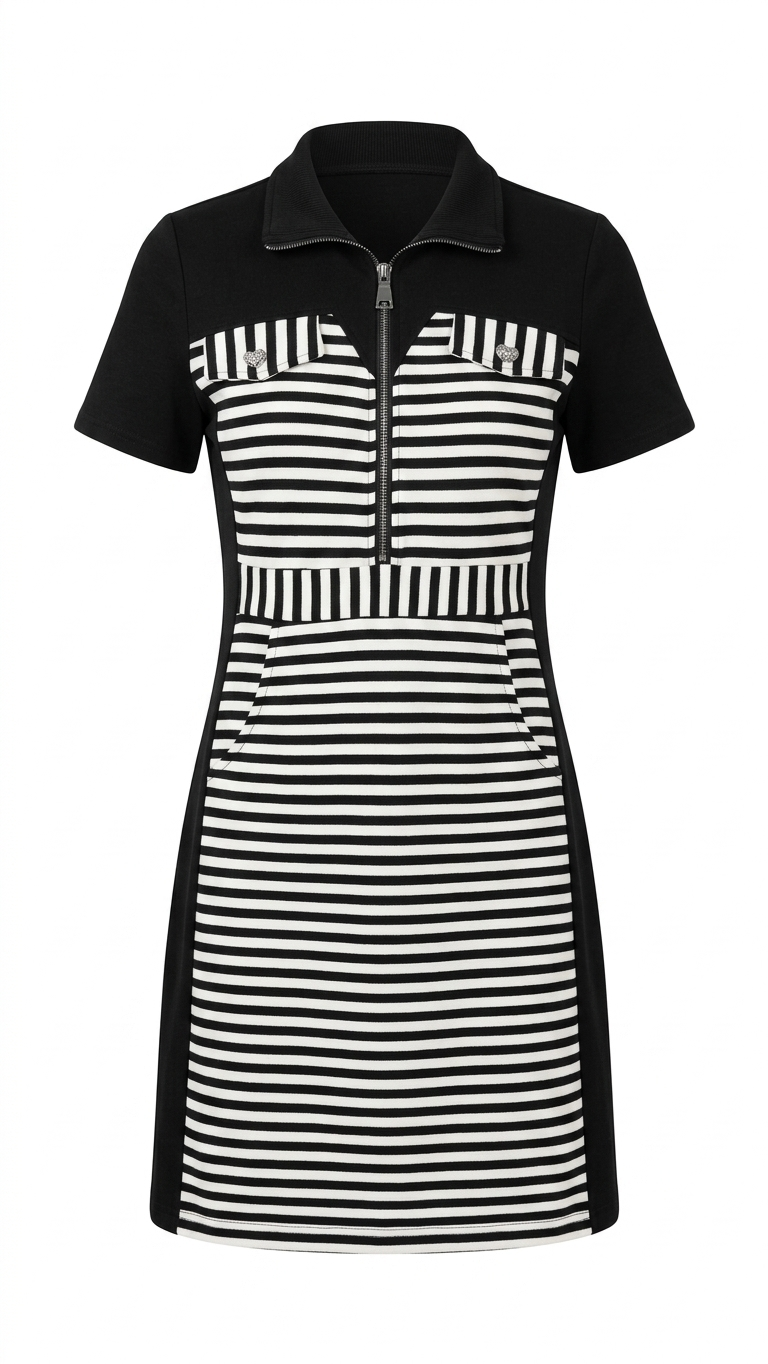 Women's Black and White Striped Zip-Front Polo Dress