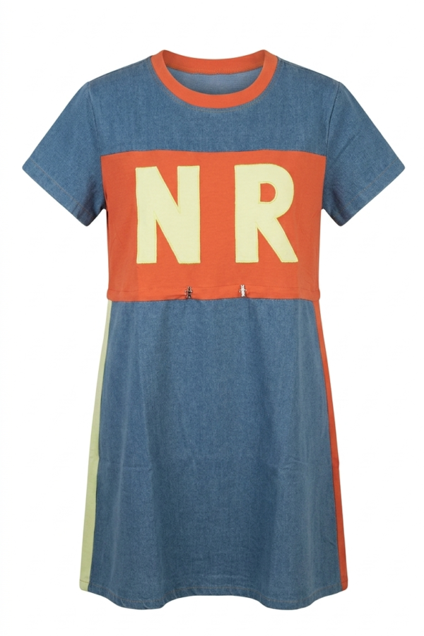 Women's Denim & Orange Color-Block Graphic T-Shirt Dress