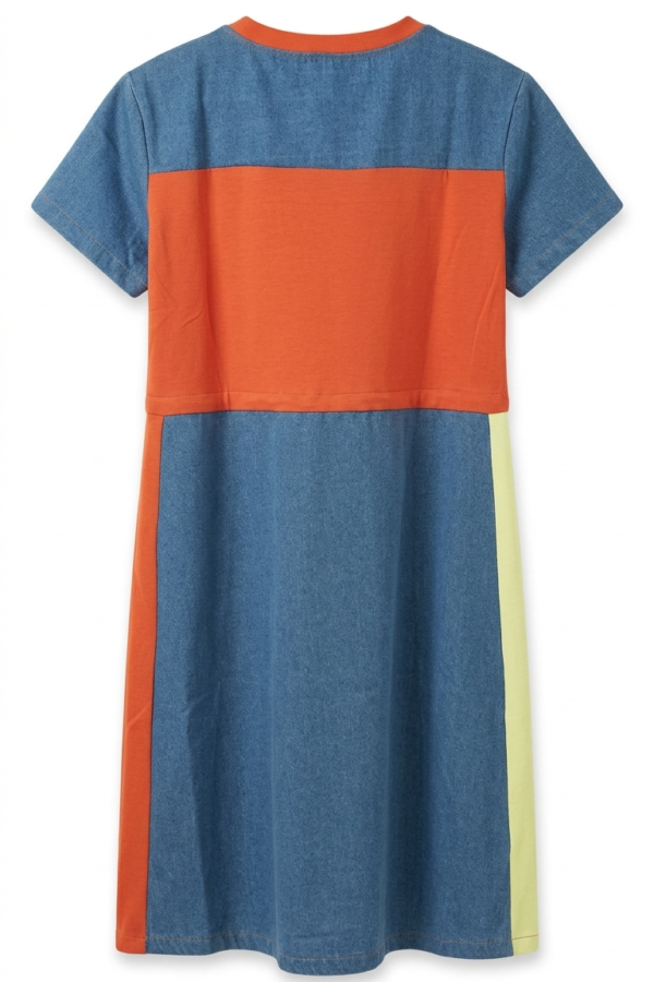 Women's Denim & Orange Color-Block Graphic T-Shirt Dress