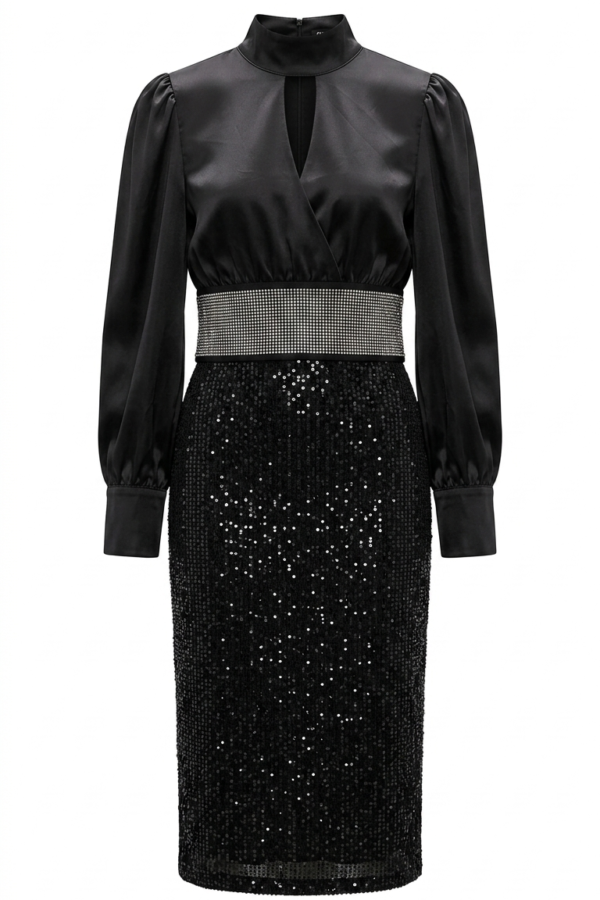 Women's Black Satin and Sequin Embellished Formal Midi Dress