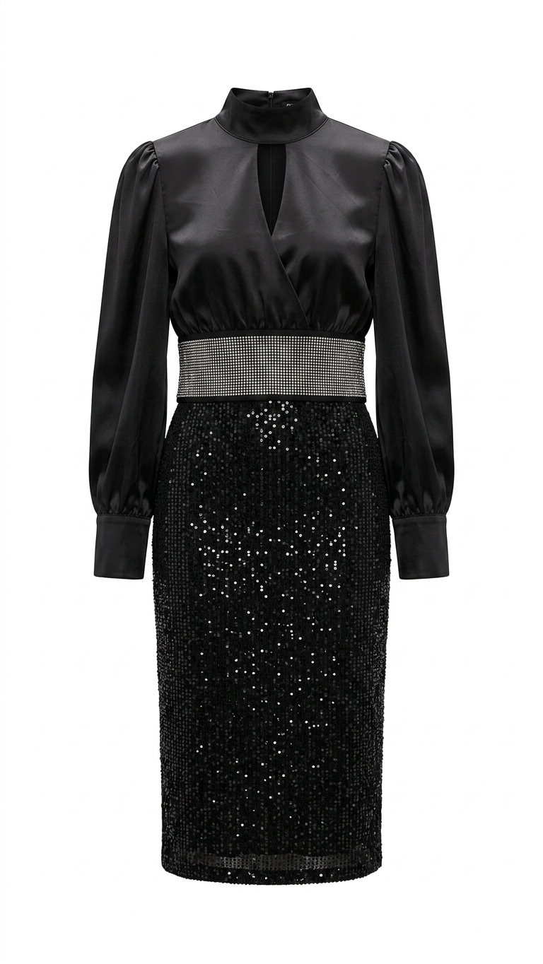 Women's Black Satin and Sequin Embellished Formal Midi Dress
