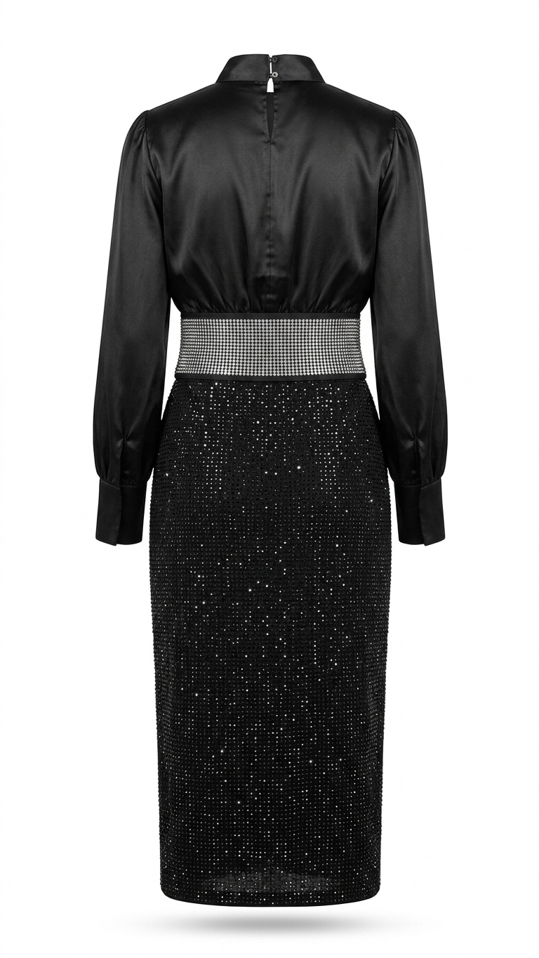Women's Black Satin and Sequin Embellished Formal Midi Dress - Image 2