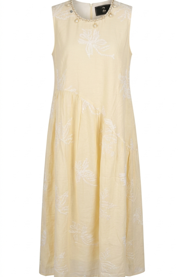 Women's Pastel Yellow Embroidered A-Line Midi Dress with Pearl Detailing