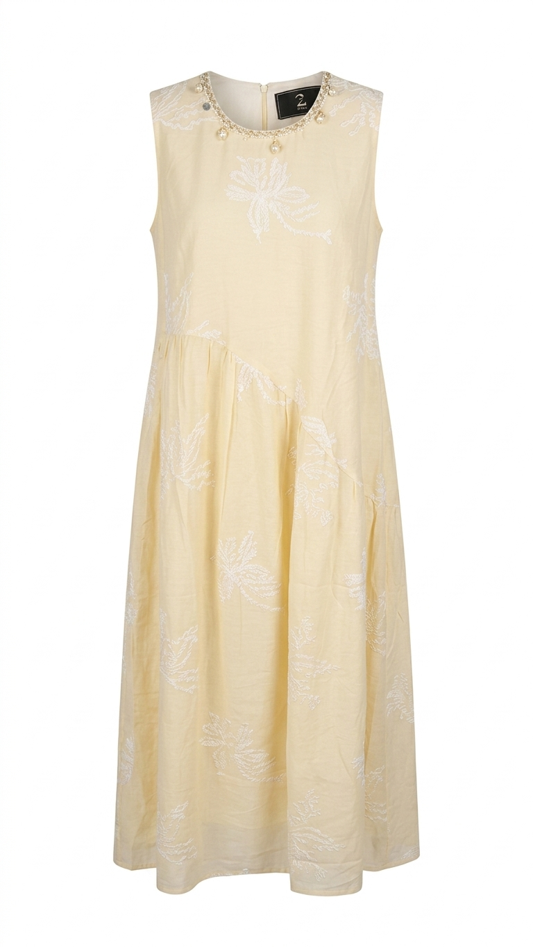 Women's Pastel Yellow Embroidered A-Line Midi Dress with Pearl Detailing