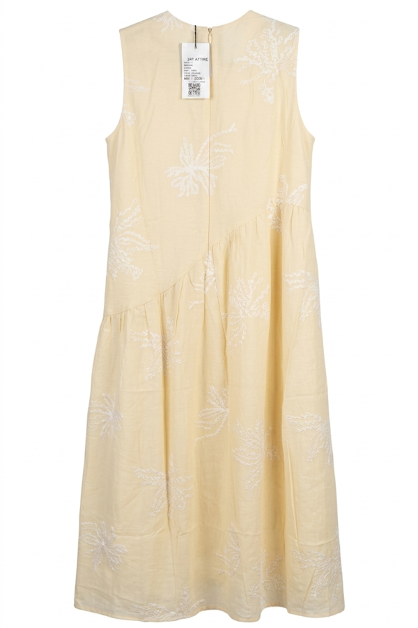 Women's Pastel Yellow Embroidered A-Line Midi Dress with Pearl Detailing