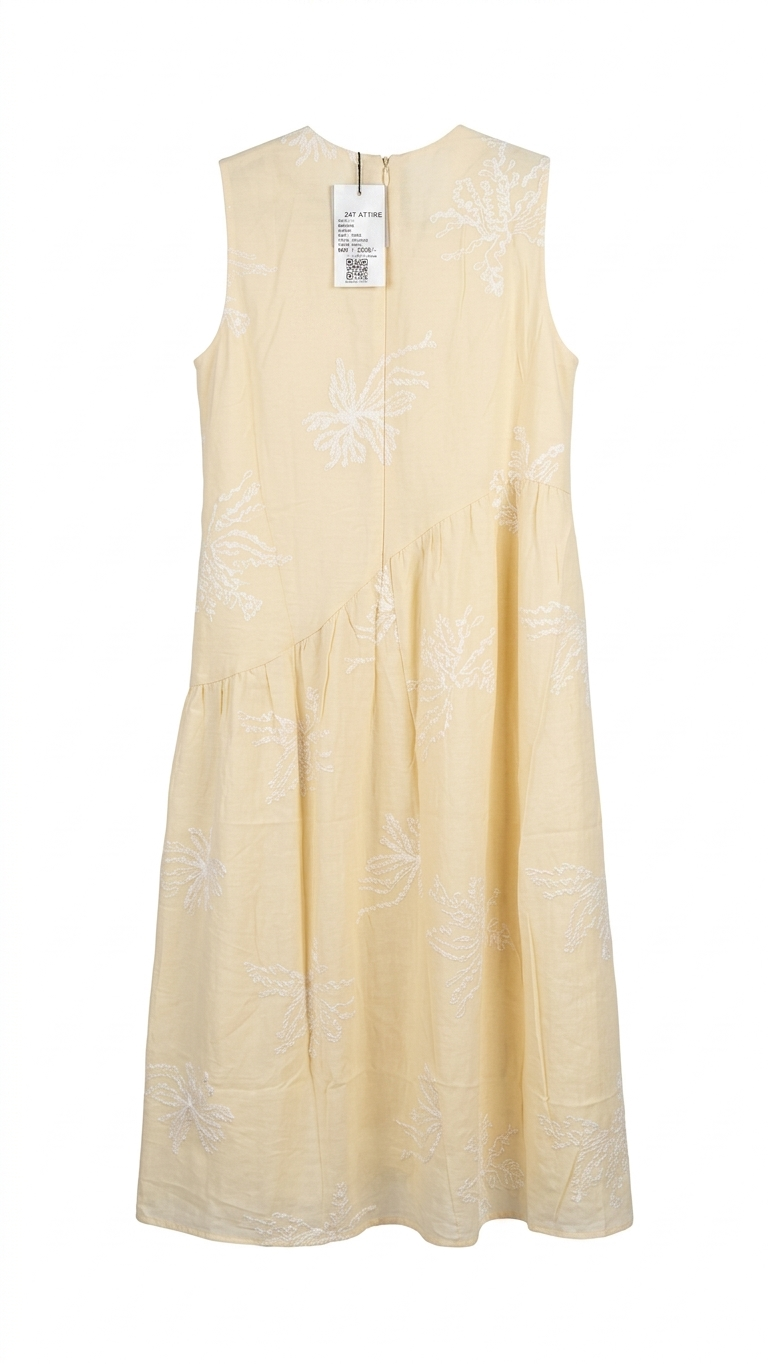 Women's Pastel Yellow Embroidered A-Line Midi Dress with Pearl Detailing - Image 2