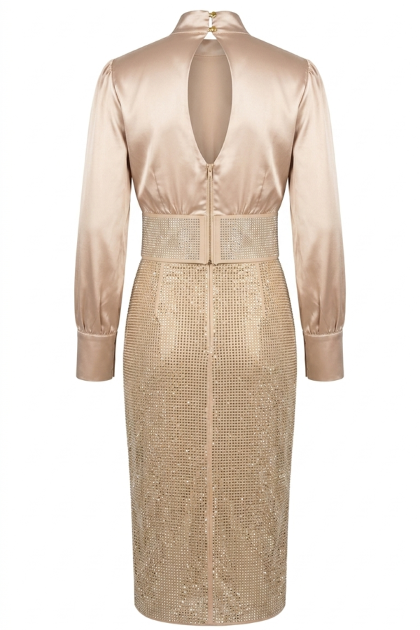 Women's Champagne Gold Satin and Crystal Embellished Formal Midi Dress