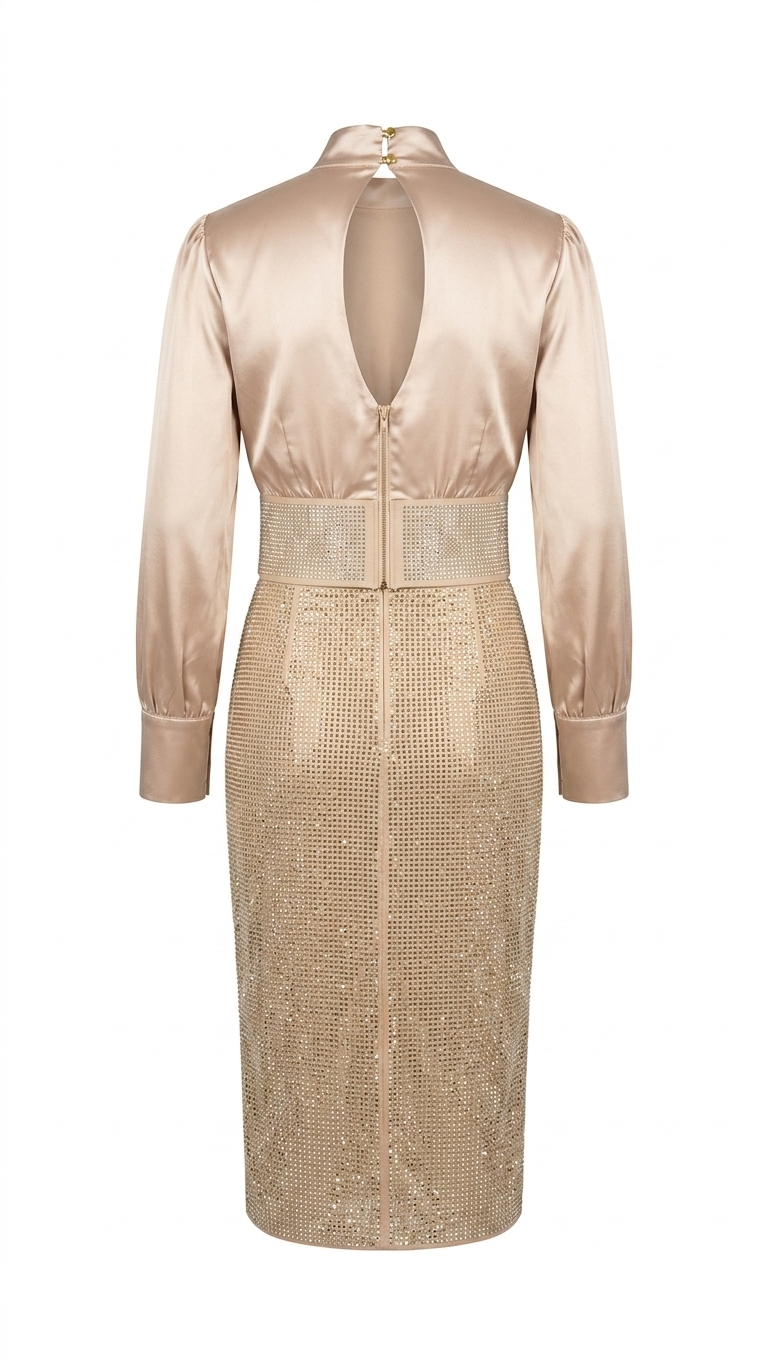 Women's Champagne Gold Satin and Crystal Embellished Formal Midi Dress - Image 2