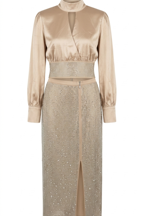 Women's Champagne Gold Satin and Crystal Embellished Formal Midi Dress