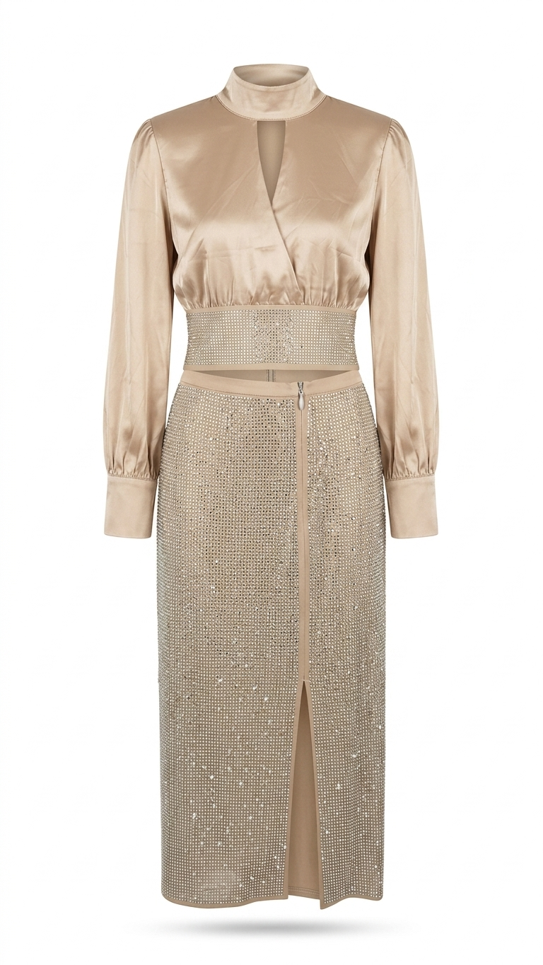 Women's Champagne Gold Satin and Crystal Embellished Formal Midi Dress