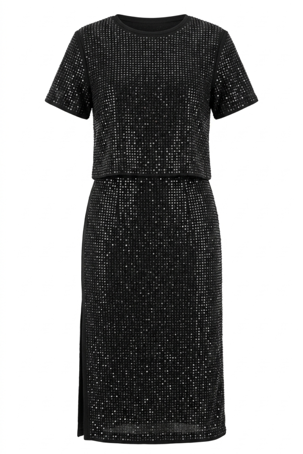 Women's All-Over Sequin Embellished Black Party Midi Dress