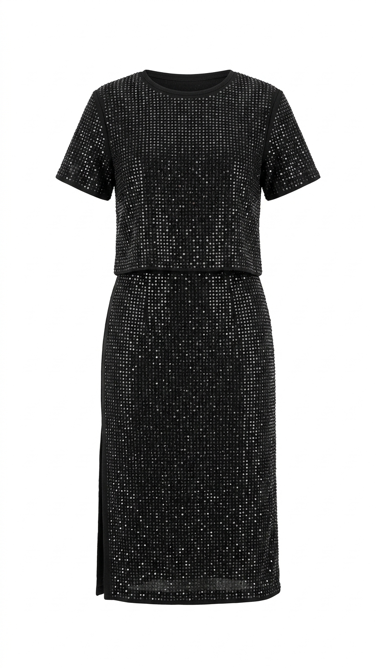 Women's All-Over Sequin Embellished Black Party Midi Dress