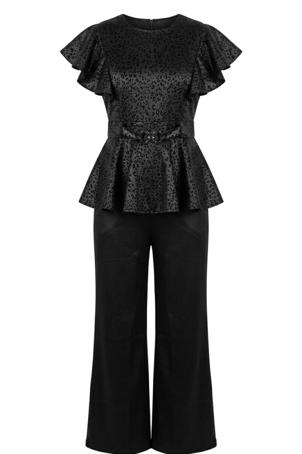Women's Black Faux Leather Peplum Top and Trouser Co-ord Set