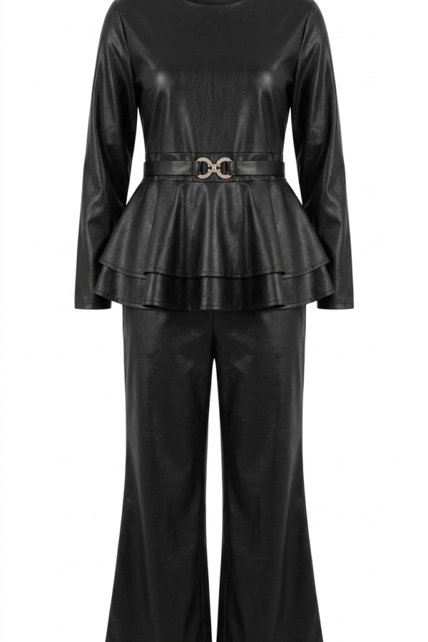Women's Black Faux Leather Peplum Top and Trouser Co-ord Set