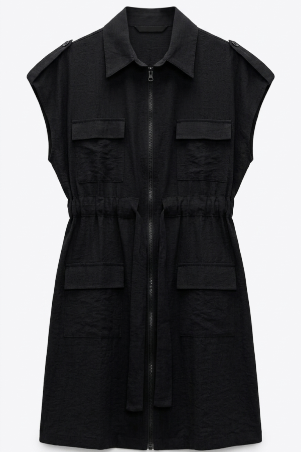 Women's Black Utility-Style Zip-Front Shirt Dress with Waist Tie