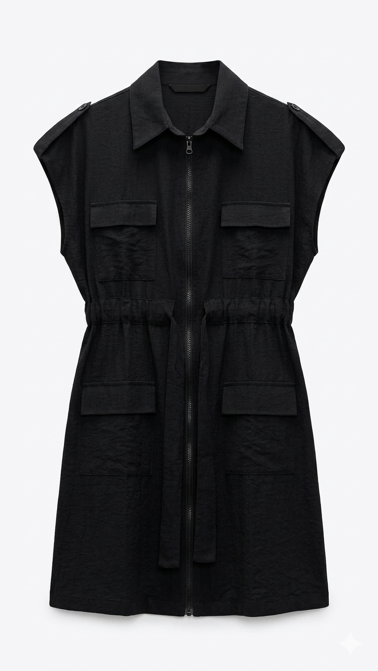 Women's Black Utility-Style Zip-Front Shirt Dress with Waist Tie