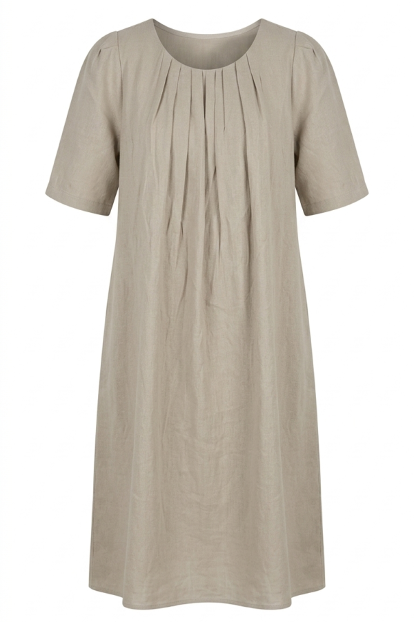 Women's Beige Pleated A-Line Shift Dress